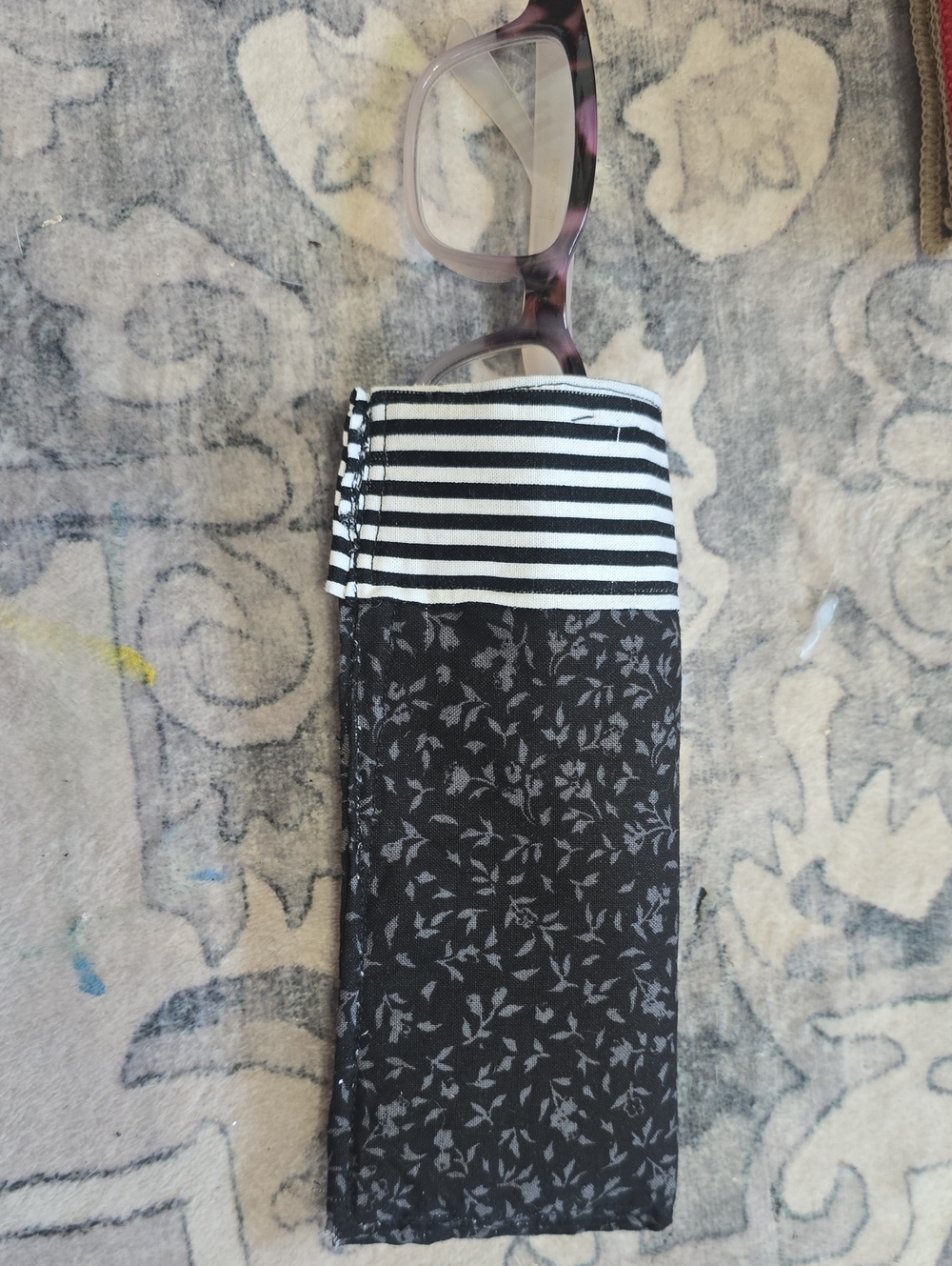 Black Patterned Glasses Pouch with Striped Trim, Hand Made